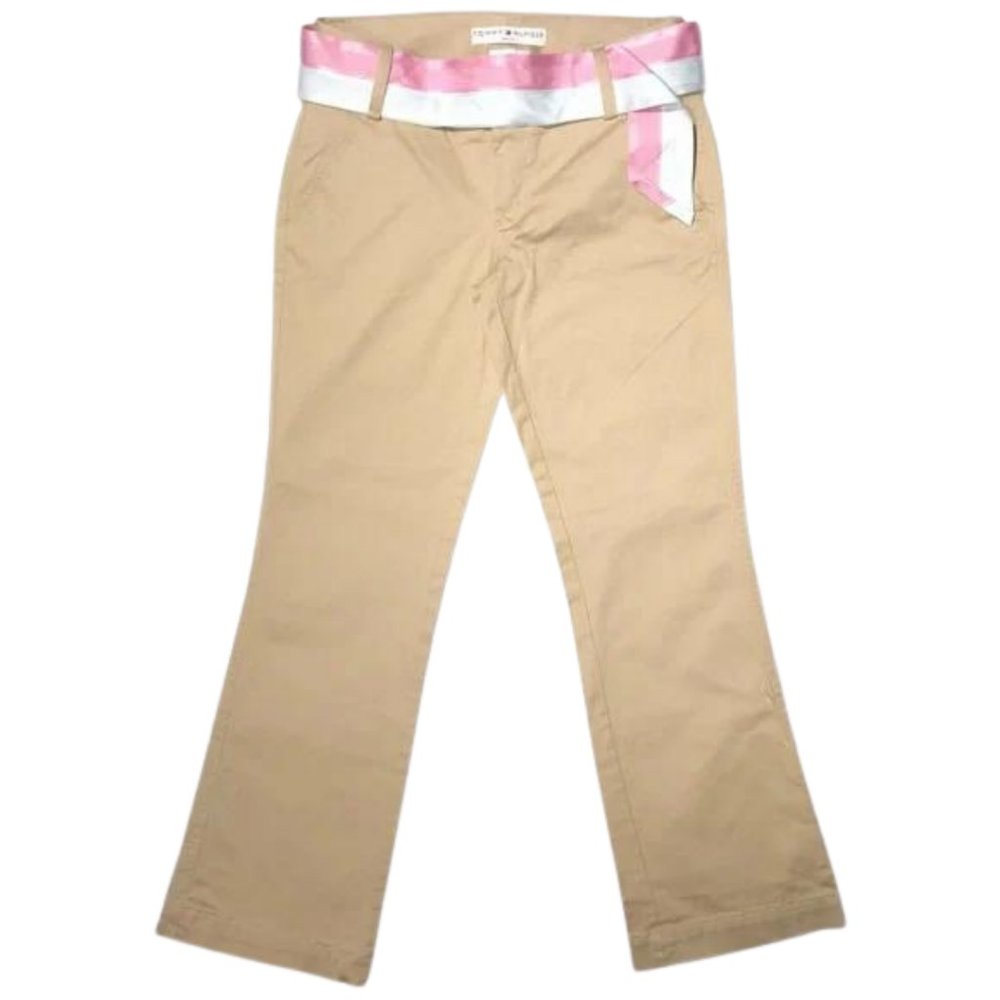 Tommy Hilfiger Petite Stretch Khaki Pants with Fabric Pink & White Two Tone Belt